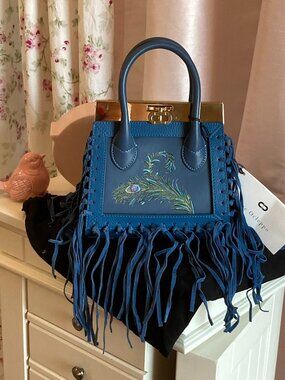 NWT Dee Ocleppo Roma mini leather fringed tote, petrol blue vitello